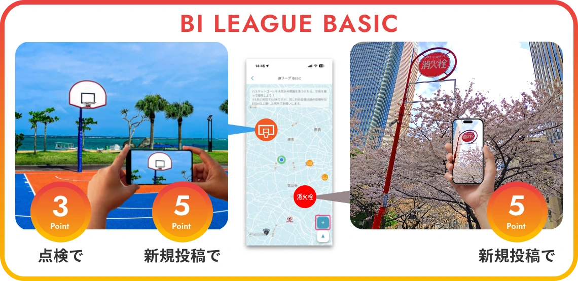 バスケゴールの点検で3ポイント、ゴールと消防水利標識の新規投稿で5ポイント！